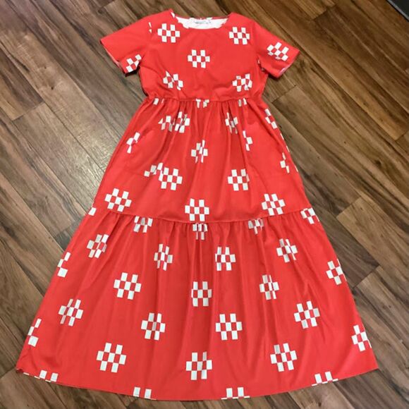 MISSLOOK Cottage Dopamine Geometric Print Tiered Maxi Dress in Burnt Orange 2XL - Picture 6 of 10